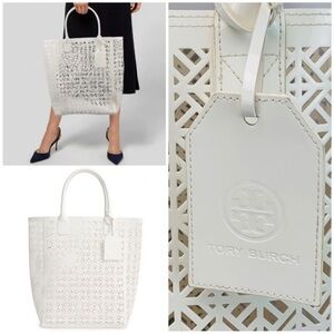 Tory Burch Patent Perforated North South PVC Tote White